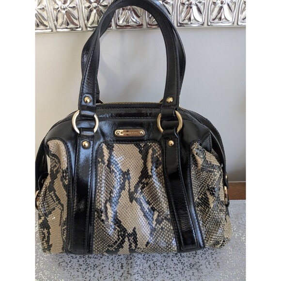 Michael Kors Honey Black Patent Leather Snake Python Embossed Tote Shoulder Bag - Picture 2 of 16